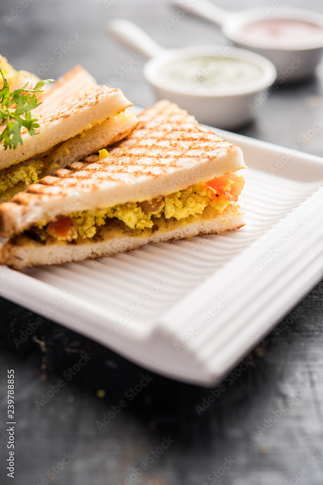 Paneer bhurji sandwich is a tasty paneer based dish made with cottage cheese.served with fresh tomato ketchup and green mint chutney. selective focus Paneer bhurji sandwich is a tasty paneer based dish made with cottage cheese.served with fresh tomato ketchup and green mint chutney. selective focus