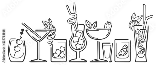 Banner with different cocktails. Contour style vector illustration. Suitable for bar menu design or advertisign