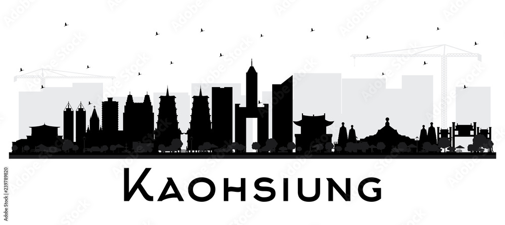 Kaohsiung Taiwan City Skyline Silhouette with Black Buildings Isolated on White.