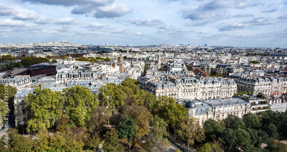 Paris neighborhoods on partly cloudy day with sun