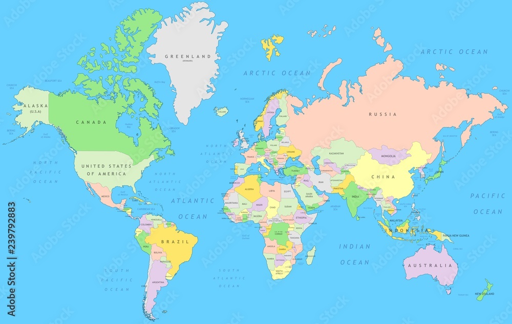 Fototapeta premium Polityczna mapa świata | Atlas szczegółów wektora w odwzorowaniu Mercatora