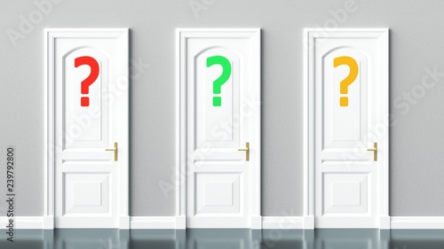 Choice, option, selection, questions symbolized by three doors with question marks, 3d illustration