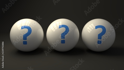 Choice, option, selection, questions symbolized by three balls with question marks, part 3, 3d illustration
