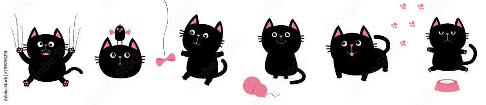 Black fat cat set. Bird, butterfly, bow, pawprint, clew ball paw print. Nail claw scratch, sitting, smiling. White background. Isolated. Flat design. - obrazy, fototapety, plakaty 