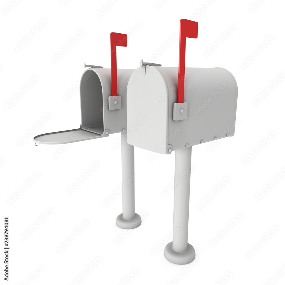 Mailbox with open door and raised flag. 3d render illustration isolated on white background. Mailbox with open door and raised flag. 3d render illustration isolated on white background.