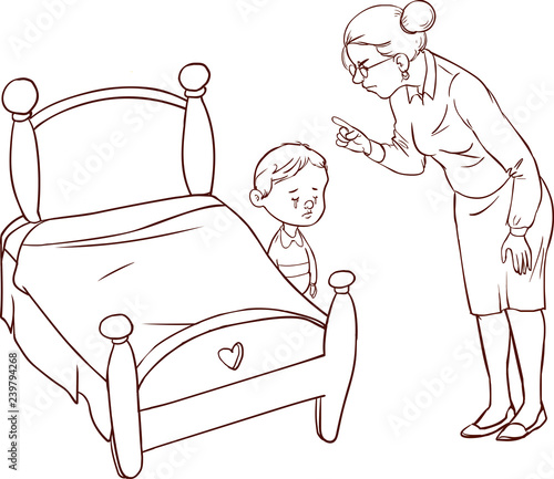 Hand drawn picture of young boy who has wet the bed.