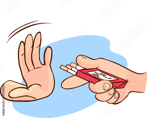 Hand refusing a cigarette offer, isolated on blue background