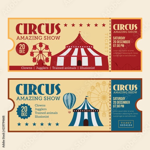 vector illustrations of carnival circus with   tent, carousels, ticket fun fair amusement park