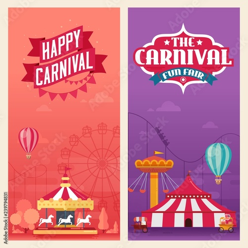 vector illustrations of carnival circus with   tent, carousels, ticket fun fair amusement park