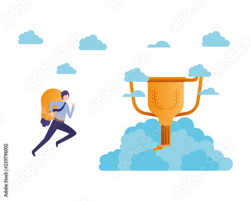 businessman in the clouds with trophy avatar character