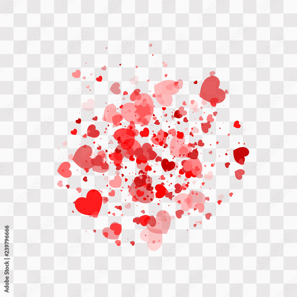 Heart confetti falling down isolated. Valentines day concept. Heart shapes overlay background.