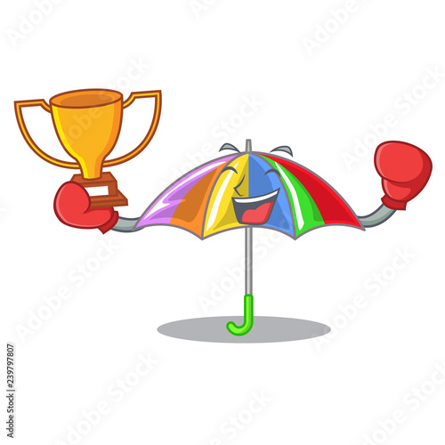 Boxing winner playing rain with umbrella rainbow cartoon