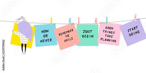 tiny cartoon funny planner girl hanging and fixing paper notes with inspirational phrases on a rope, kawaii style character, pastel colours simple flat vector, cute office concept illustration