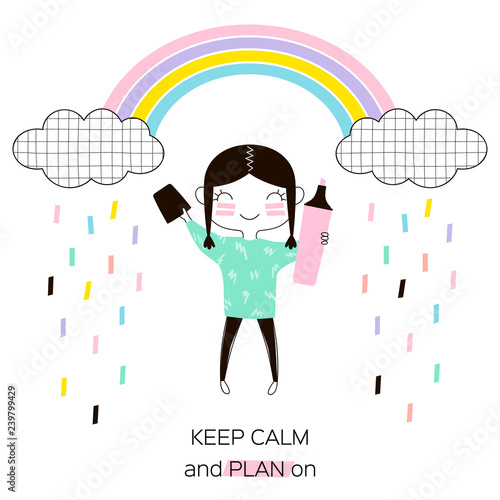 tiny cartoon funny American Indian planner girl with pink highlighter under the rainbow