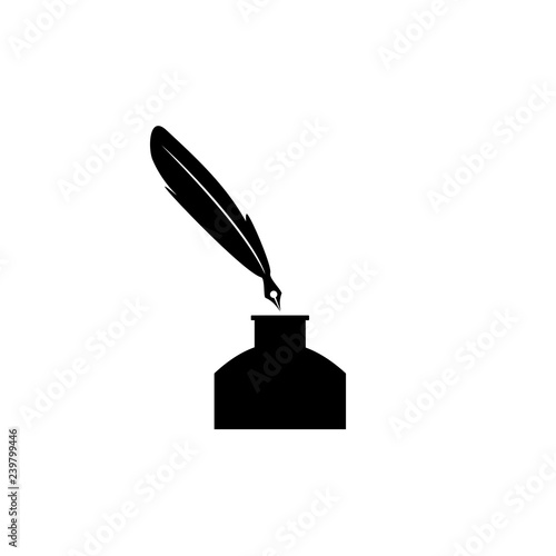 Feather pen and inkwell. Drawing of ancient stationery on white background. Concept for education. - Vector