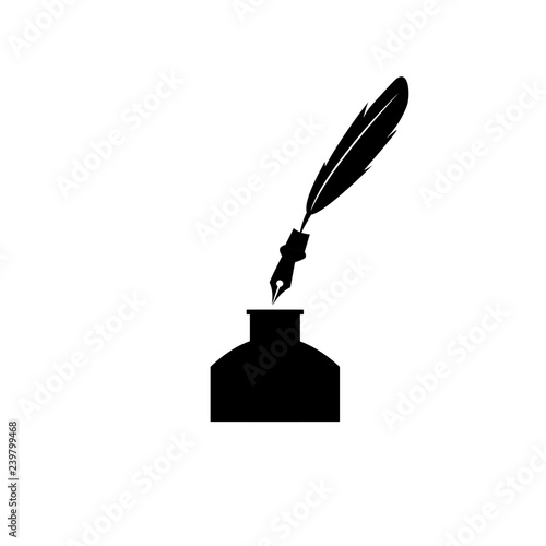 Feather pen and inkwell. Drawing of ancient stationery on white background. Concept for education. - Vector