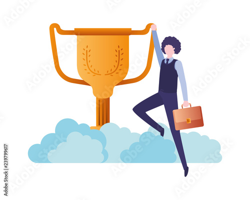 businessman in the clouds with trophy avatar character