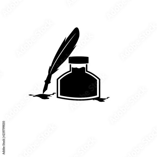 Feather pen and inkwell. Drawing of ancient stationery on white background. Concept for education. - Vector