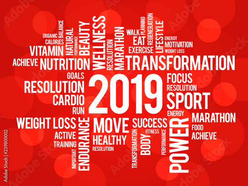 2019 health and sport goals word cloud, concept background