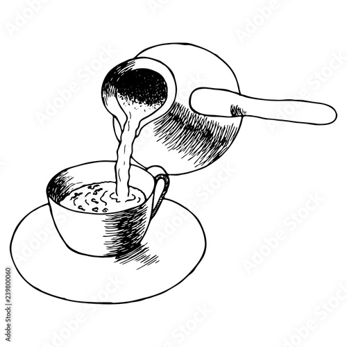 Coffee pouring from cezve to cup. Contour hand drawn sketch. Vector illustration isolated on white background. Coffee design elements. Can be used for cards, invitations, gift wrap, print, scrap, menu