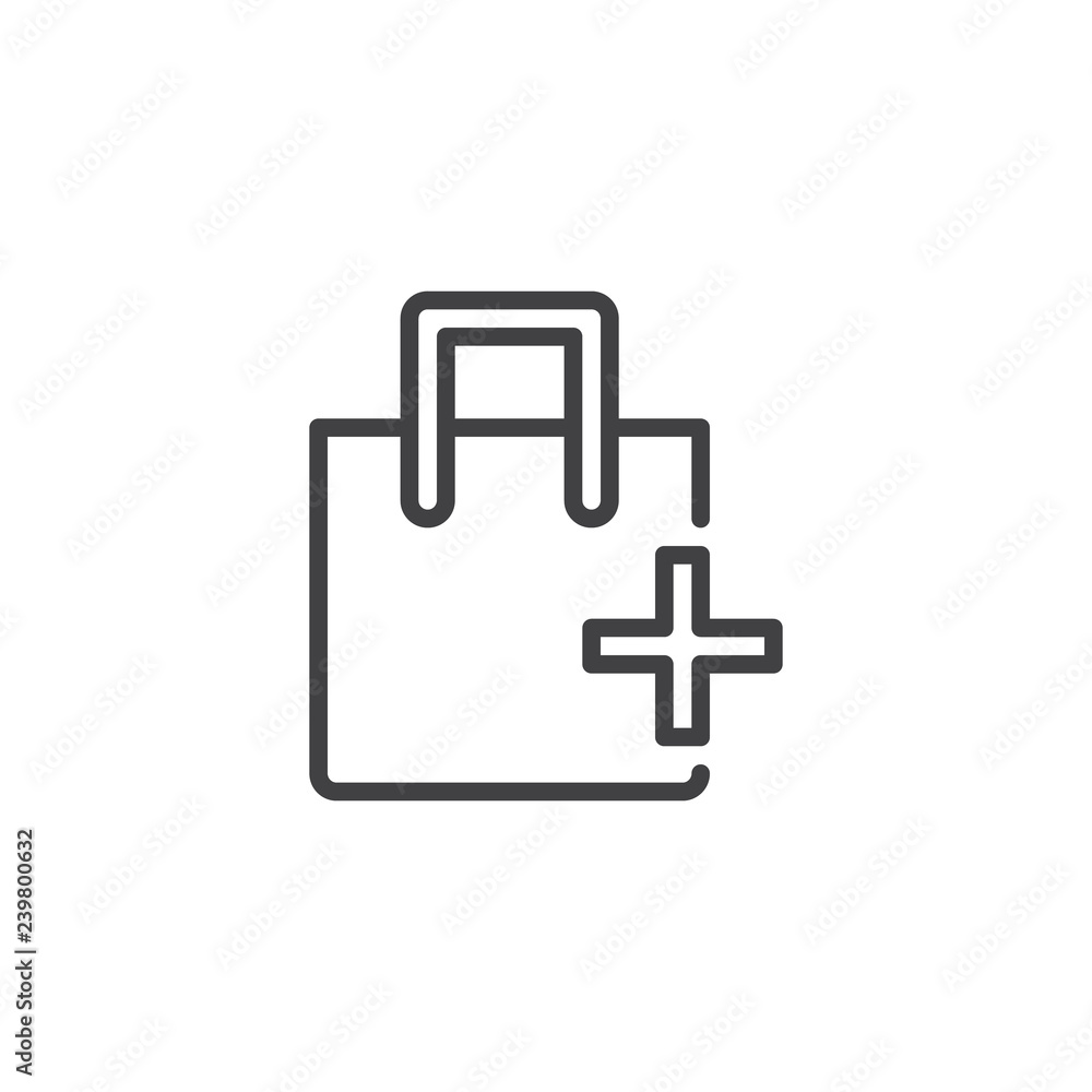 Add shopping bag outline icon. linear style sign for mobile concept and web design. Shop bag plus simple line vector icon. Symbol, logo illustration. Pixel perfect vector graphics Add shopping bag outline icon. linear style sign for mobile concept and web design. Shop bag plus simple line vector icon. Symbol, logo illustration. Pixel perfect vector graphics