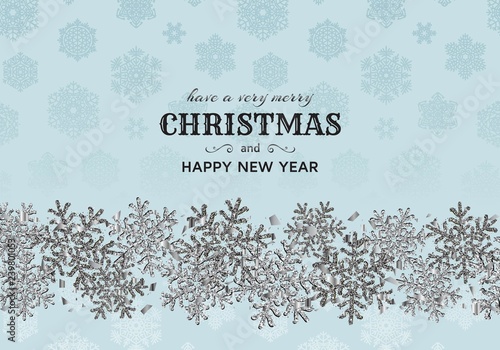 Merry Christmas background with shiny snowflakes, silver tinsel and streamer. Greeting card and Xmas template