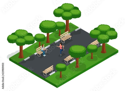 Trendy People Isometric vector 3D teenagers, young people, students, freelancers, running, city park benches, work outdoors