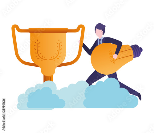businessman with trophy and light bulb character