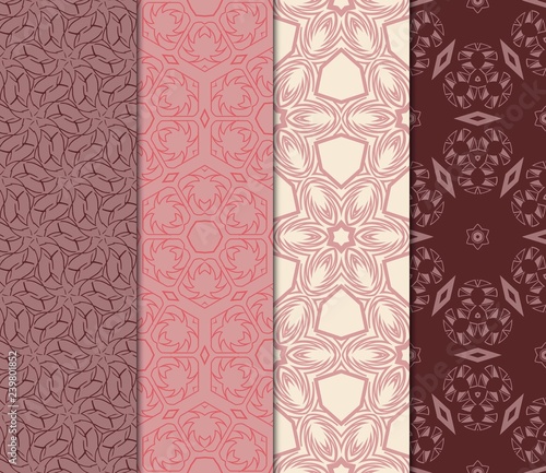 Set Of Floral Pattern. Seamless Ornament. Arabesque. Vector Illustration. Purple Color. For Design, Invitation Wedding, Valentine's, Background, Wallpaper