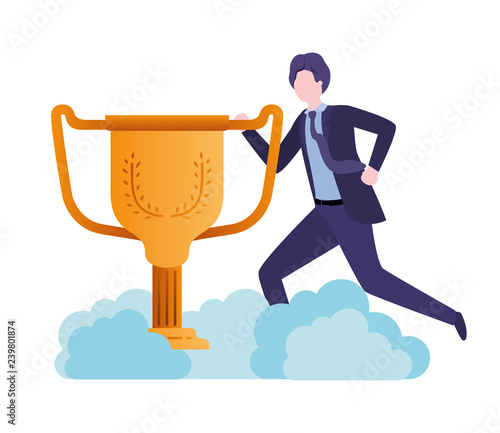 businessman in the clouds with trophy avatar character