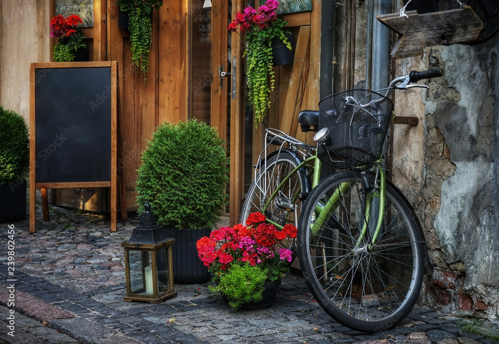 bicycle in front of old house