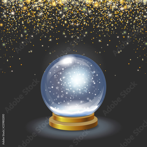 Christmas snow globe on black background falling gold glittering confetti Vector 3d illustration