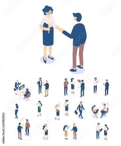 Teamwork. Isomeric business people.  Man and woman. Flat vector characters isolated on white background.