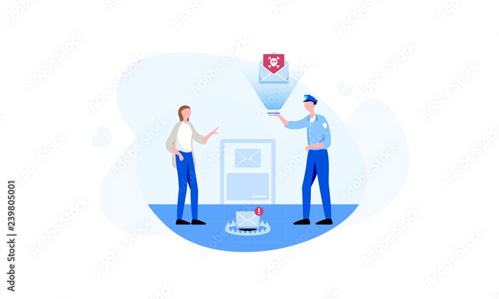 The policeman attempts to identify phishing content contained in the woman's e-mail. Colorful vector illustration for web ob blue background.