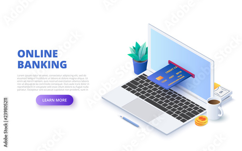Online banking withlaptop and credit card. Isometric vector illustration. Landing page template for web