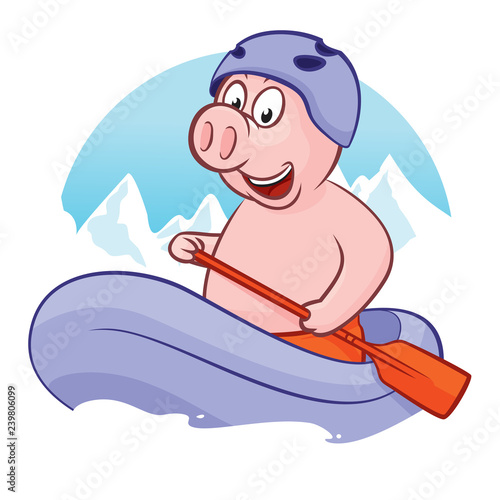Piggy in helmet riding a kayak on river