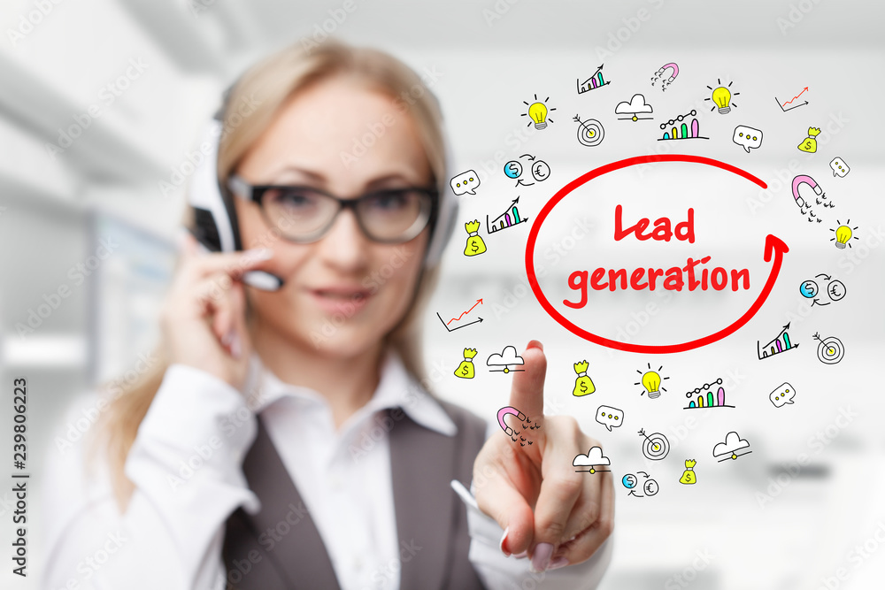 Technology, internet, business and marketing. Young business woman writing word: Lead generation Technology, internet, business and marketing. Young business woman writing word: Lead generation