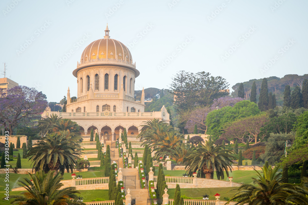 Bahai gardens and shrine at sunrise, in Haifa