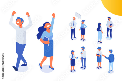 Isomeric business people vector set. Man and woman celebrate success. Office life. Flat vector characters isolated on white background.