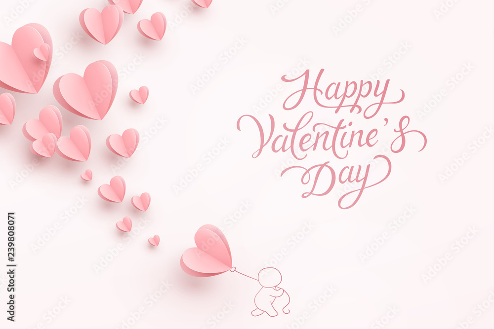 Paper flying elements, man and balloon on pink background. Vector symbols of love in shape of heart for Happy Valentine's Day greeting card postcard.