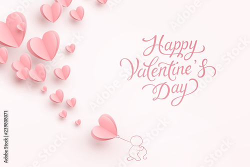 Paper flying elements, man and balloon on pink background. Vector symbols of love in shape of heart for Happy Valentine's Day greeting card postcard.