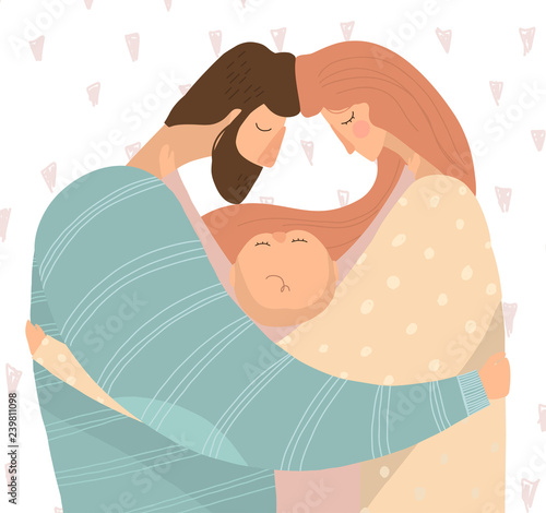 young caucasian wife and husband hugging with their small baby