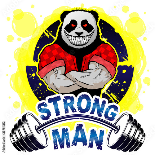 Vector illustration barbell and strong panda.  T-shirt print.