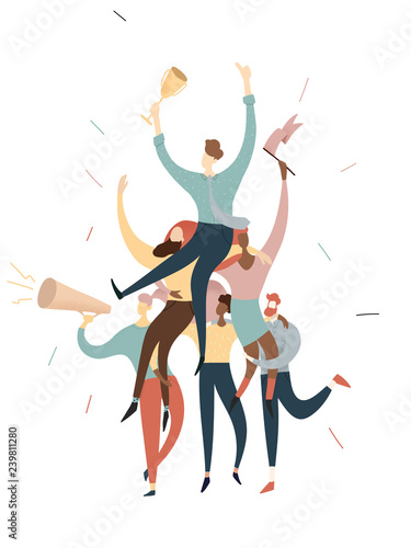 creative team work of men and women winning trophy, vector illustration business concept , successful dream team