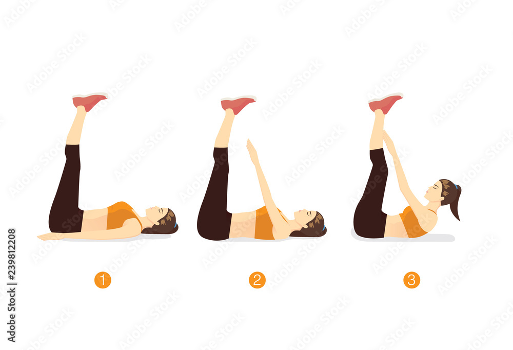 Woman doing Toe Touch Crunches Exercise in 3 step for guide. Illustration about introduction workout posture. Stock Vector Adobe Stock