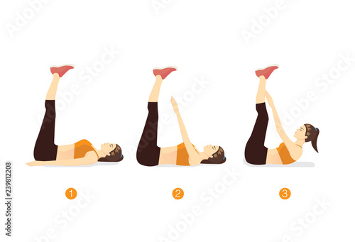Woman doing Toe Touch Crunches Exercise in 3 step for guide. Illustration about introduction workout posture.