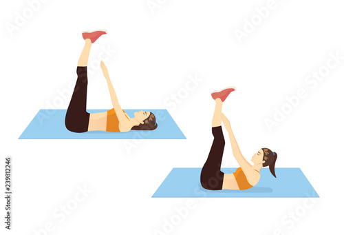 Woman doing Toe Touch Crunches Exercise in 2 step for guide. Illustration about introduction workout posture.