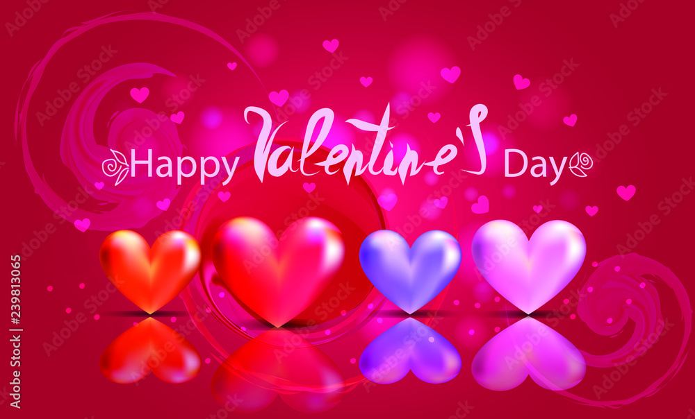 Bright greeting card for Valentine's Day. Four glantsevyh hearts with reflection on a red background.Vector.