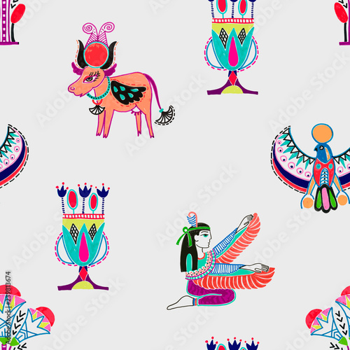 seamless pattern with marker sketch drawing ancient egyptian sym
