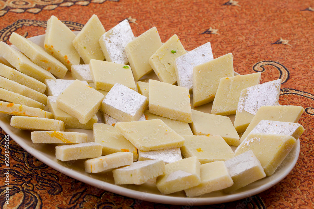 Fototapeta premium Indian Special Sweet Food Kaju Katli Also Called Kaju Barfi or Kesar Kaju Katli is an all Time Favorite Traditional Mithai